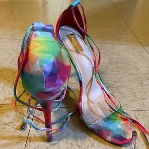 Rainbow geometric wrap high heels